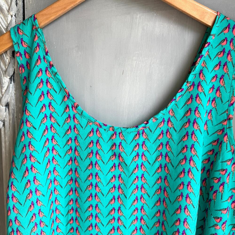 B Jewel Turquoise Scoop Neck Bird Print Tank Top Orange Trim Zipper Back Large - Picture 8 of 12